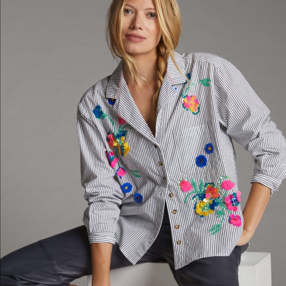 Anthropologie Maeve Embroidered Button Down